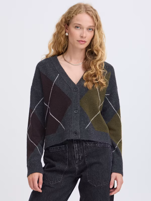 BYOSMILLA Cardigan con scollo a V in fantasia a losanghe